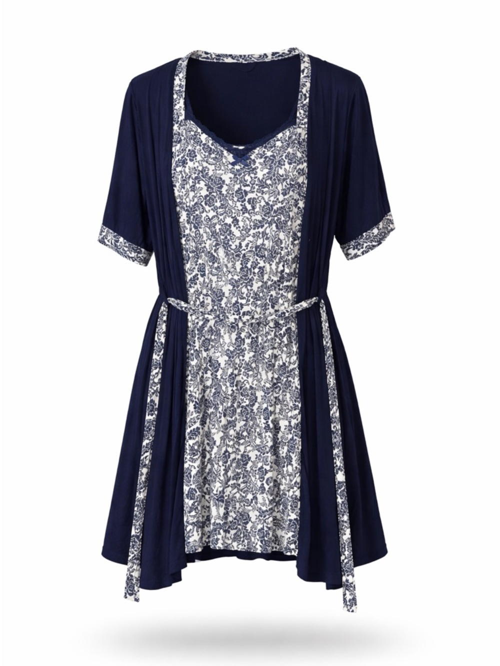 Ellen Tracy 3pc Pajama Set S Navy Floral Nightgown Robe Belt - Picture 2 of 8